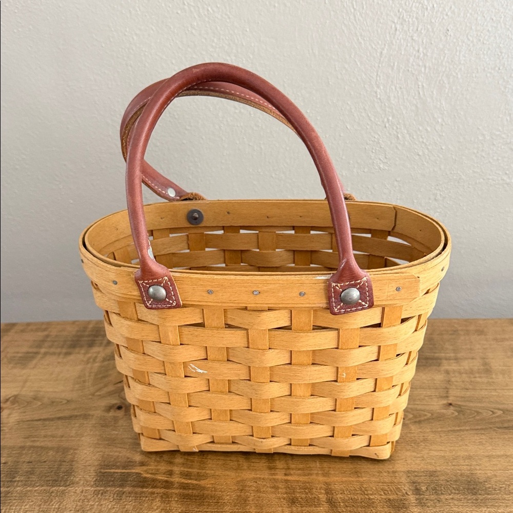 Longaberger Tan Woven Tote with Brown Leather Handles